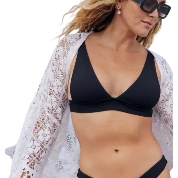 Aerie Ribbed Tie back longline triangle bikini top size S Small in black NWT - Picture 1 of 8
